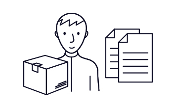 Grafik mit einer Person, zwei Dokumenten und einem Paket für AGB-Bereich
